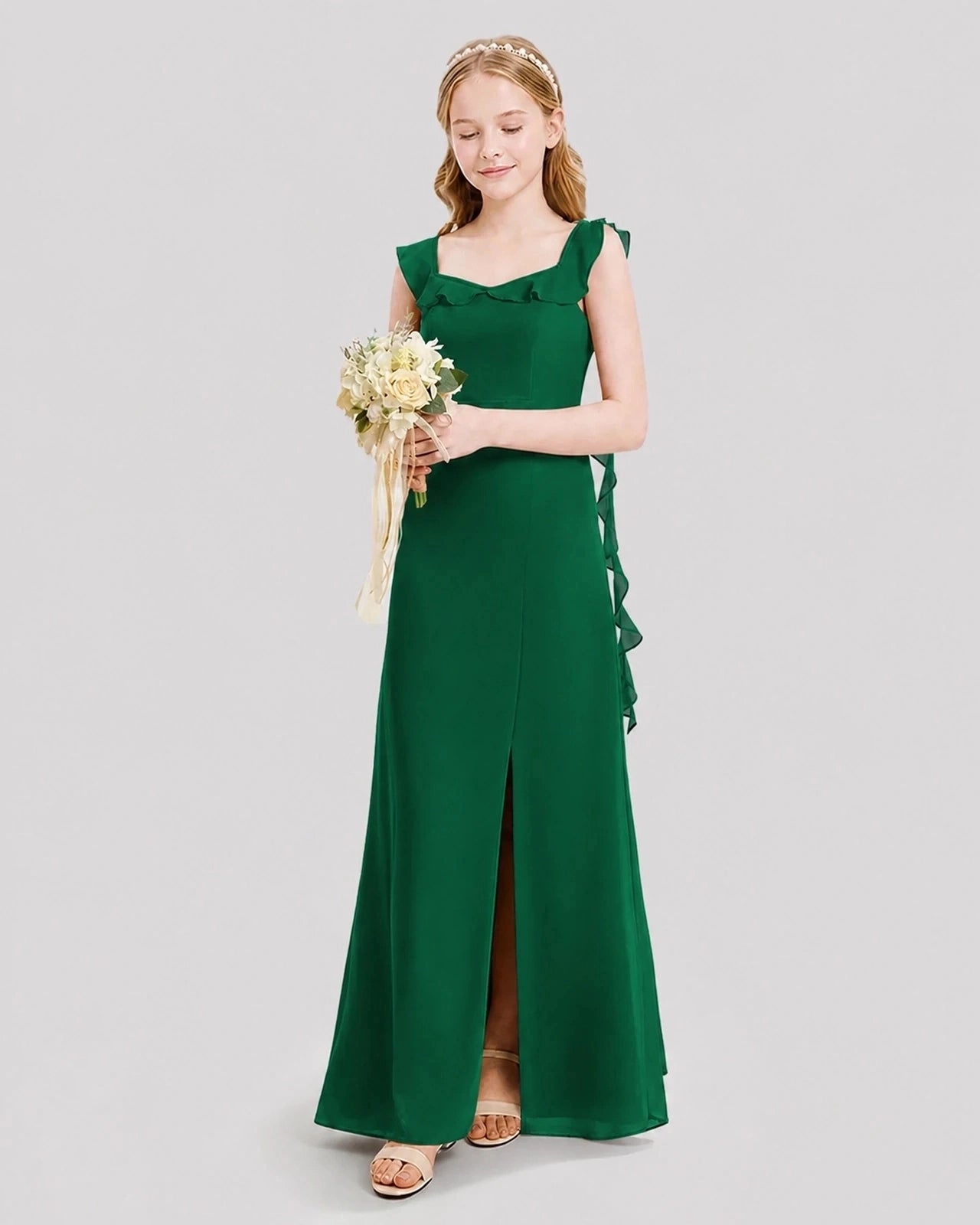 Dideyttawl Ruffle Shoulder Chiffon Junior Bridesmaid Dress