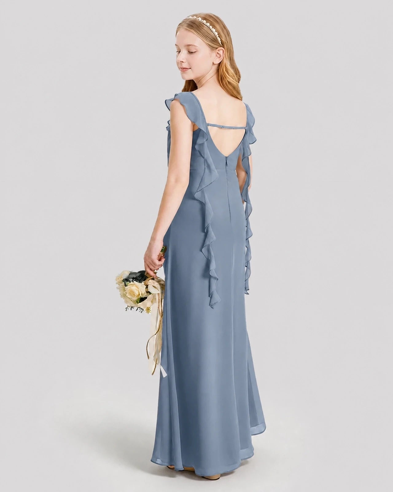 Dideyttawl Ruffle Shoulder Chiffon Junior Bridesmaid Dress