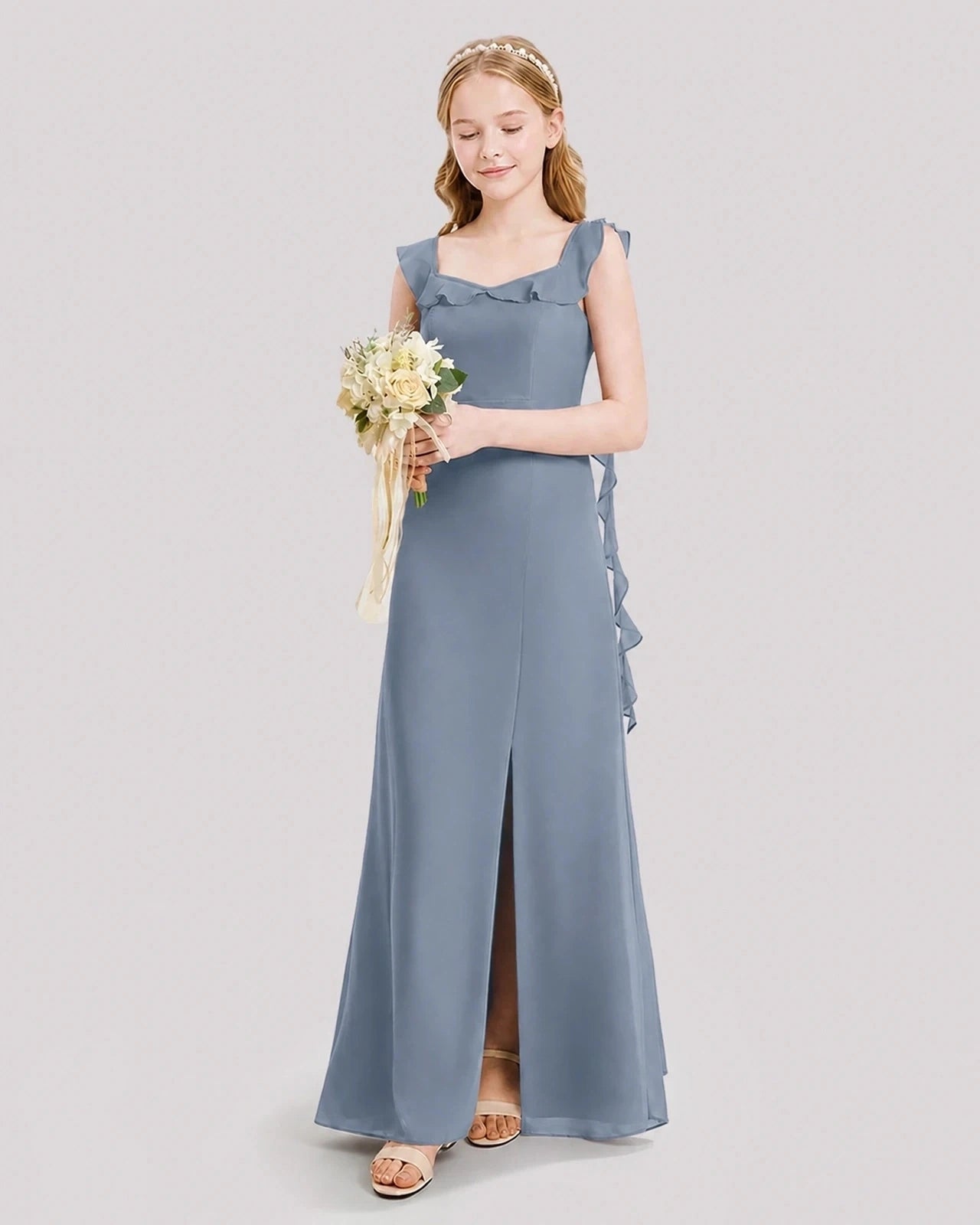 Dideyttawl Ruffle Shoulder Chiffon Junior Bridesmaid Dress