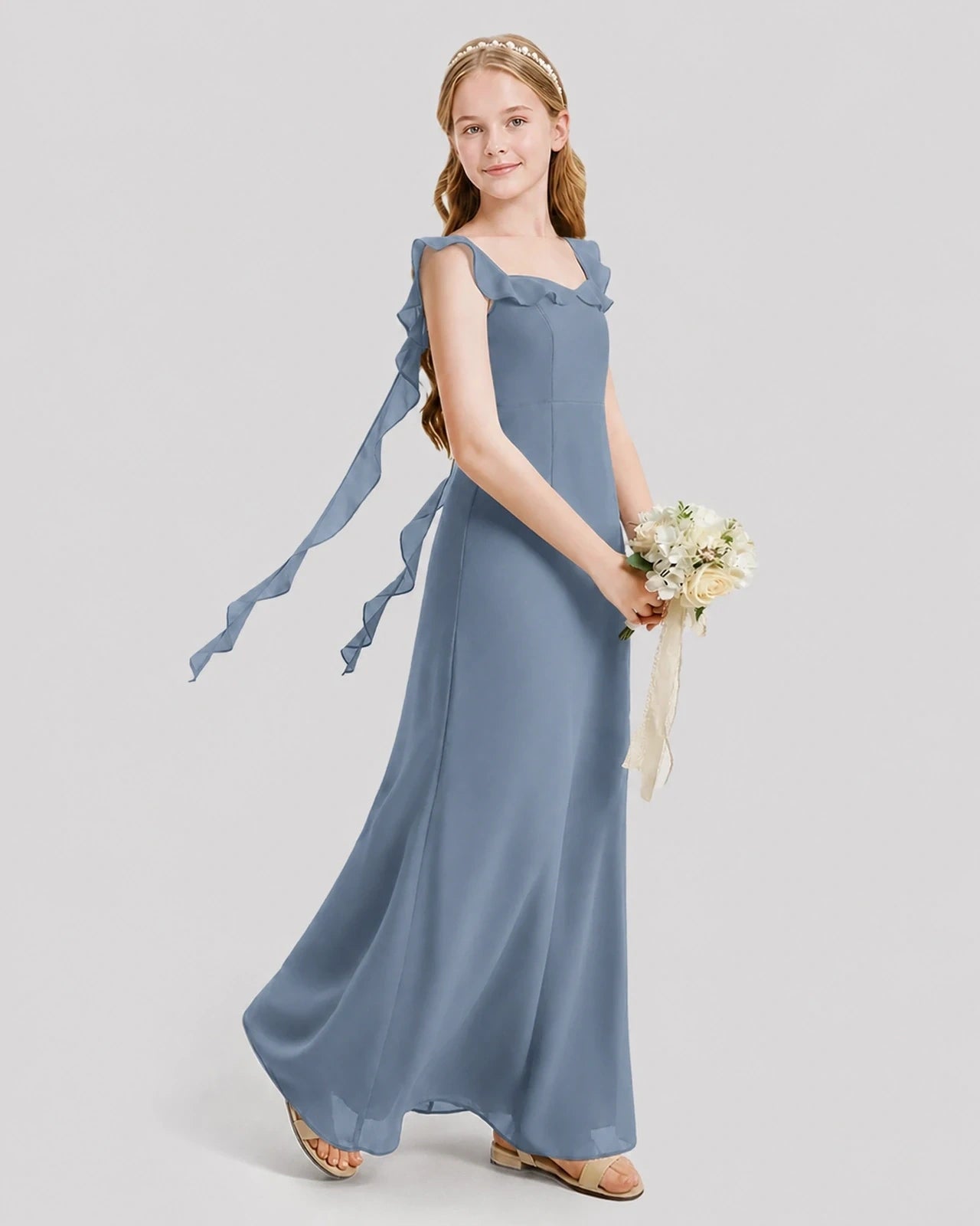 Dideyttawl Ruffle Shoulder Chiffon Junior Bridesmaid Dress