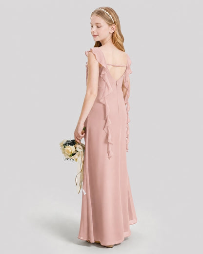Dideyttawl Ruffle Shoulder Chiffon Junior Bridesmaid Dress