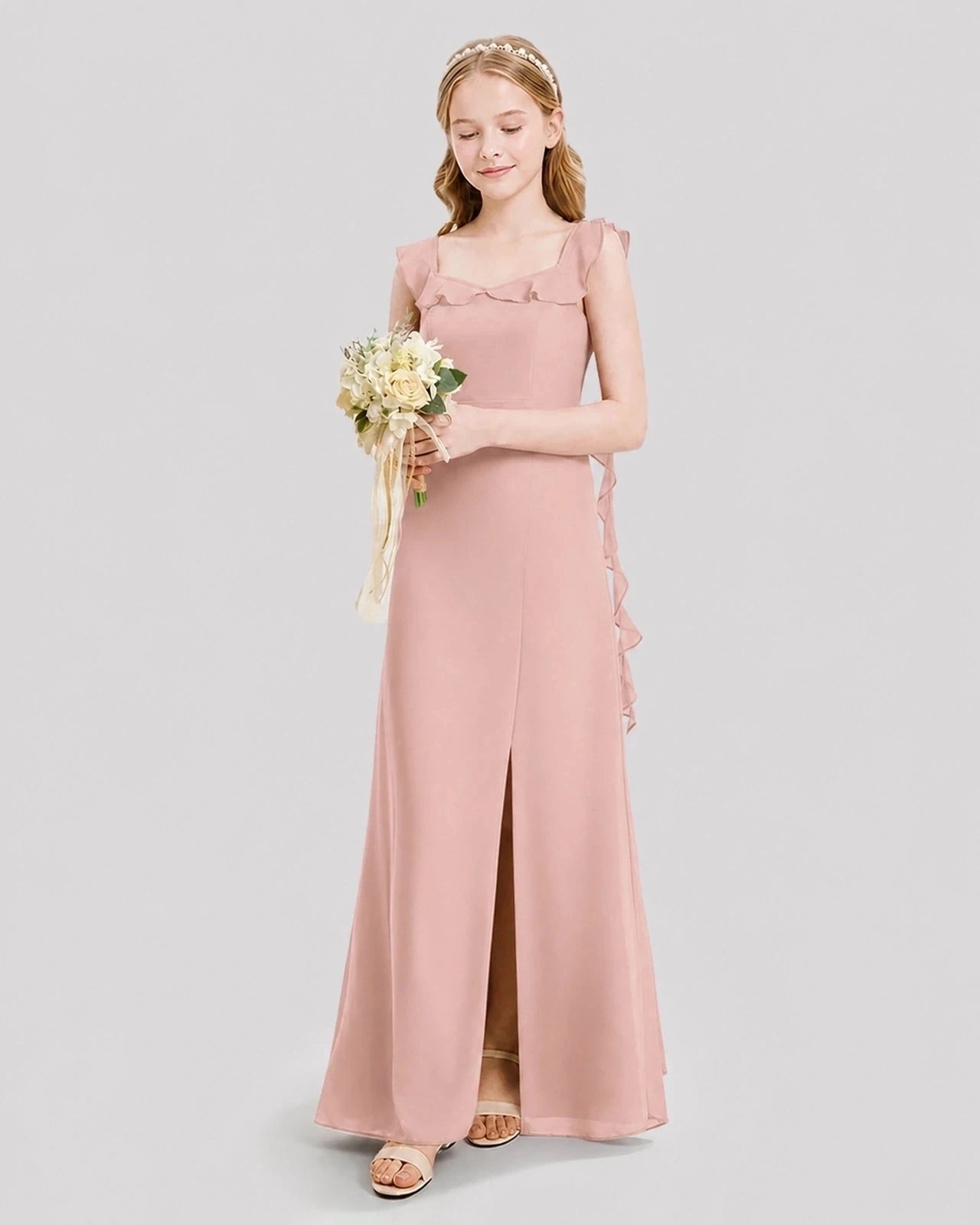 Dideyttawl Ruffle Shoulder Chiffon Junior Bridesmaid Dress