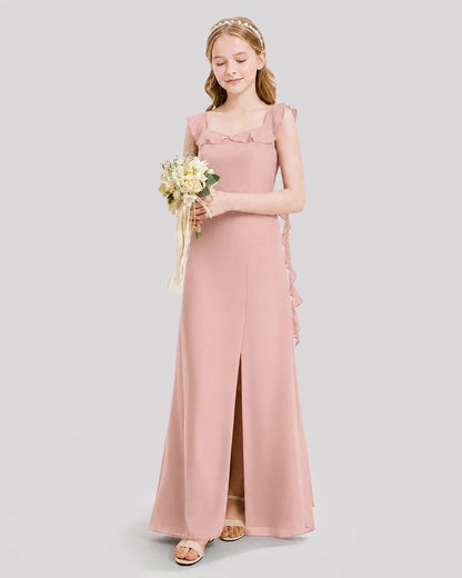 Dideyttawl Ruffle Shoulder Chiffon Junior Bridesmaid Dress
