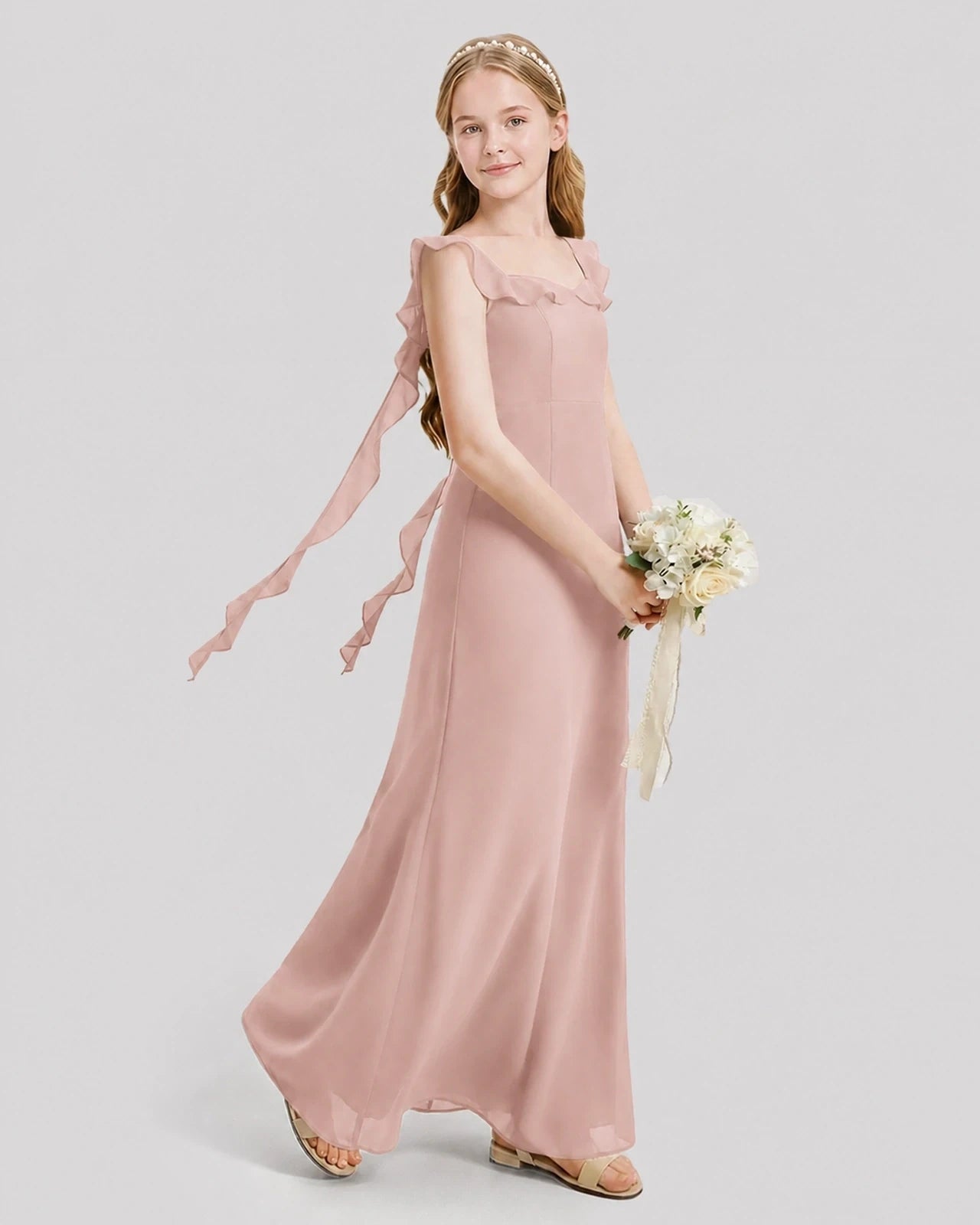 Dideyttawl Ruffle Shoulder Chiffon Junior Bridesmaid Dress