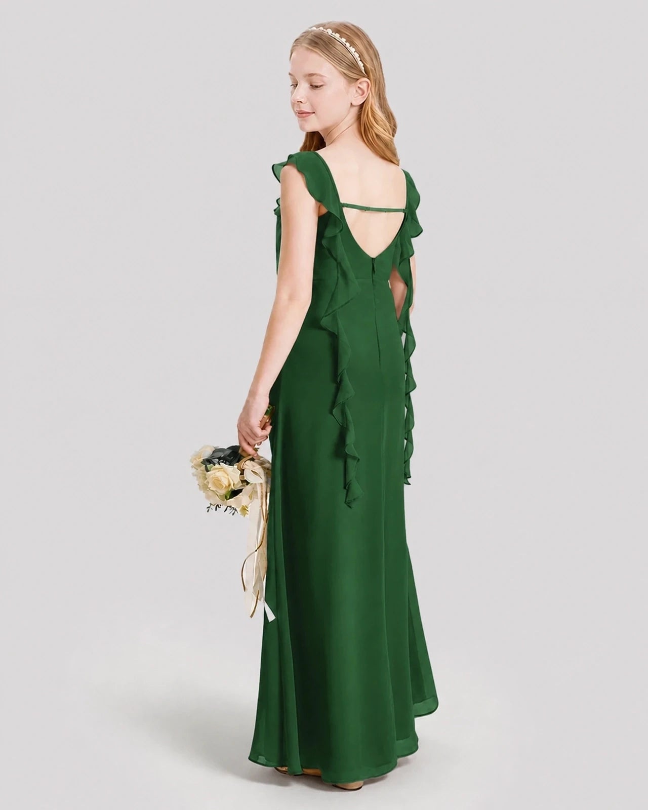 Dideyttawl Ruffle Shoulder Chiffon Junior Bridesmaid Dress