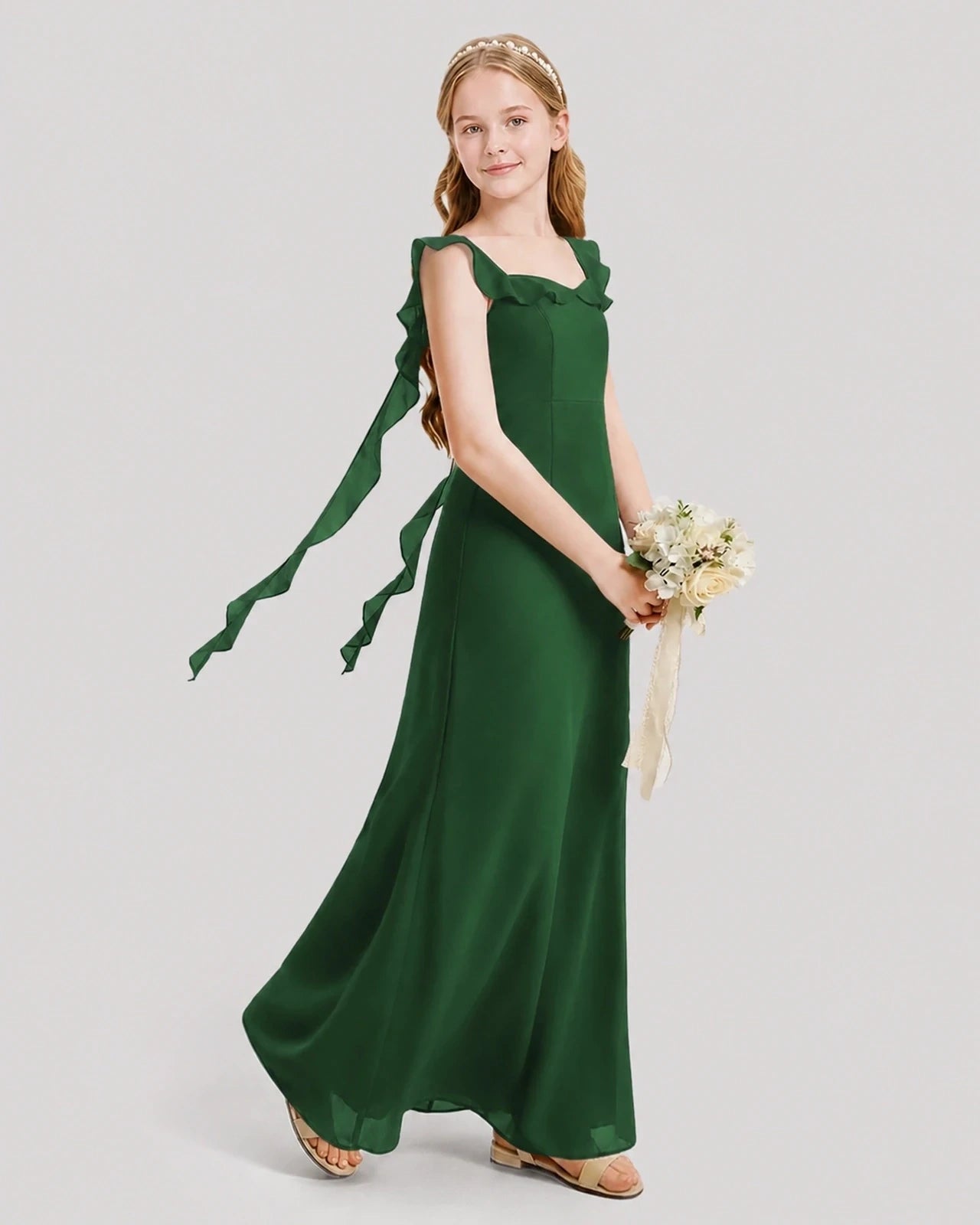 Dideyttawl Ruffle Shoulder Chiffon Junior Bridesmaid Dress