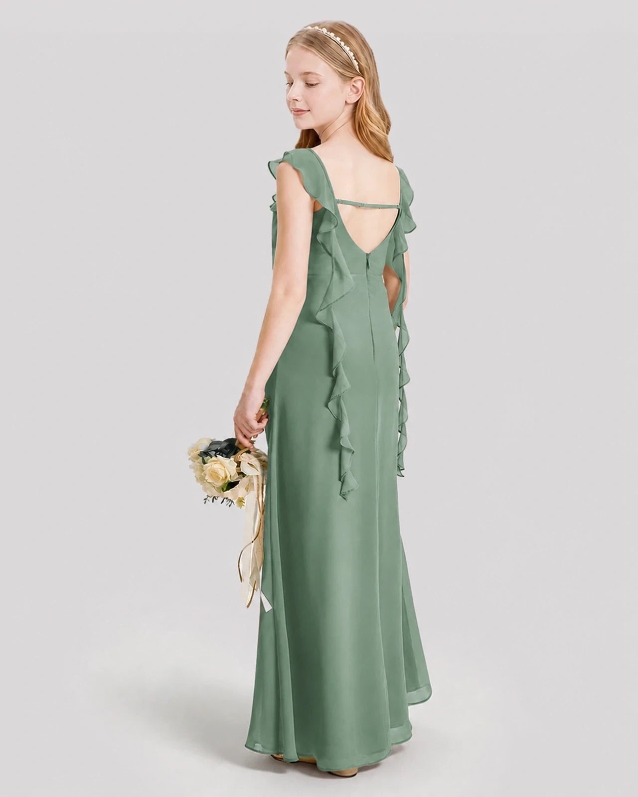 Dideyttawl Ruffle Shoulder Chiffon Junior Bridesmaid Dress