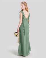 Eucalyptus Chiffon Ruffled V-Back Junior Bridesmaid Dresses Back View