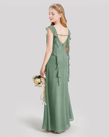 Dideyttawl Ruffle Shoulder Chiffon Junior Bridesmaid Dress