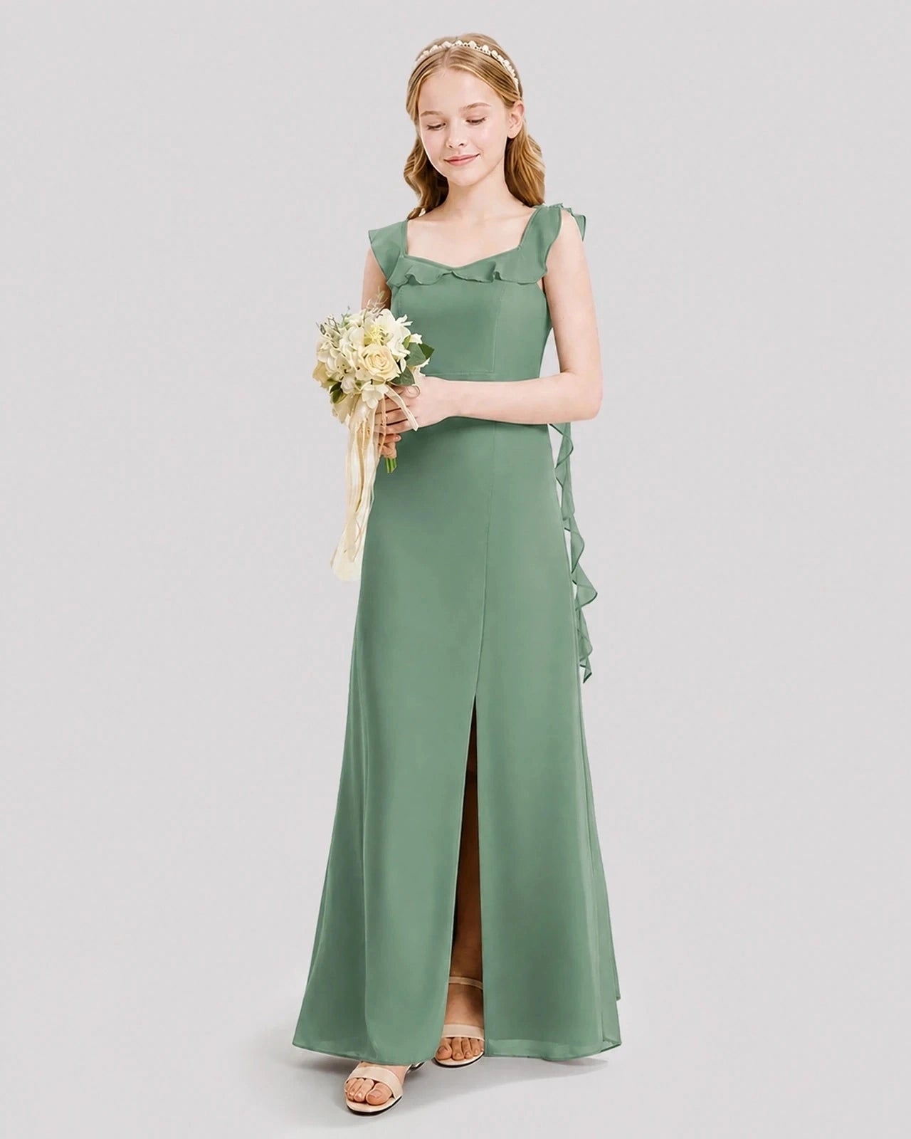 Dideyttawl Ruffle Shoulder Chiffon Junior Bridesmaid Dress