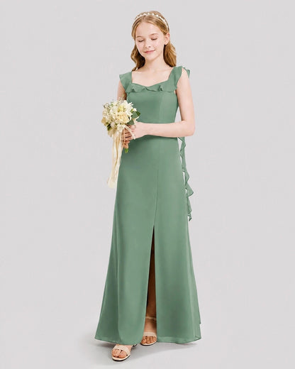 Dideyttawl Ruffle Shoulder Chiffon Junior Bridesmaid Dress