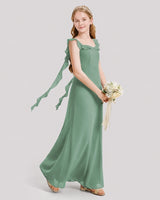 Eucalyptus Chiffon Ruffle Straps Junior Bridesmaid Dresses Side View