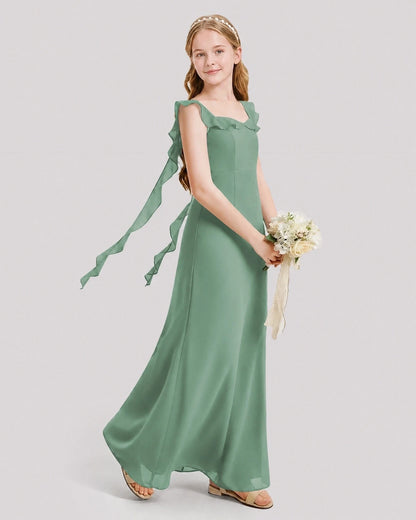 Dideyttawl Ruffle Shoulder Chiffon Junior Bridesmaid Dress