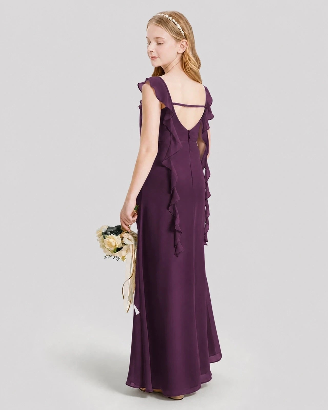 Dideyttawl Ruffle Shoulder Chiffon Junior Bridesmaid Dress