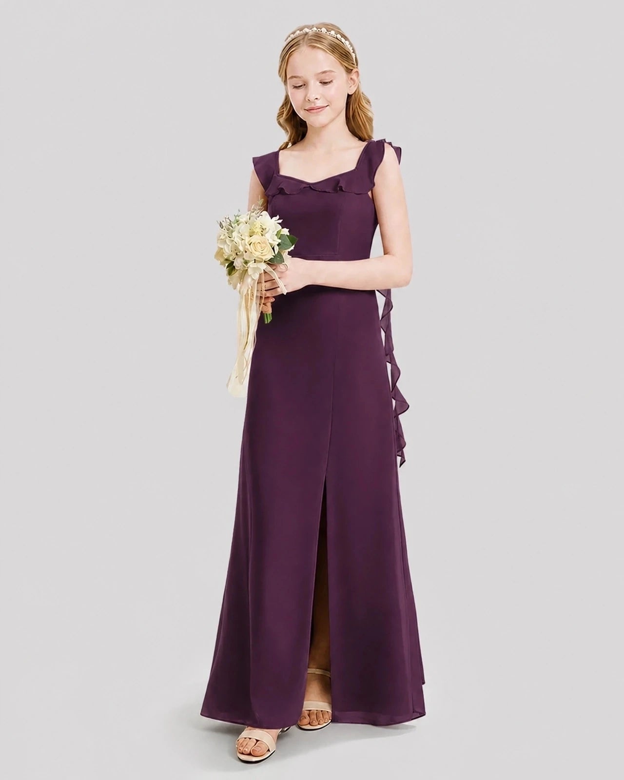 Dideyttawl Ruffle Shoulder Chiffon Junior Bridesmaid Dress