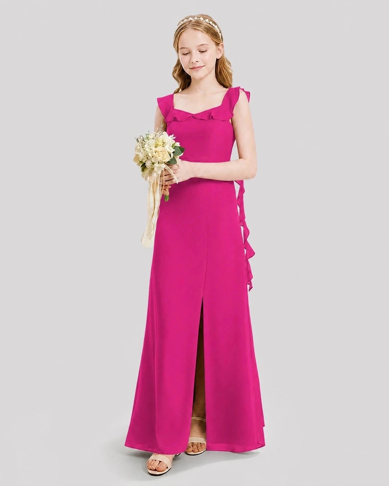 Dideyttawl Ruffle Shoulder Chiffon Junior Bridesmaid Dress