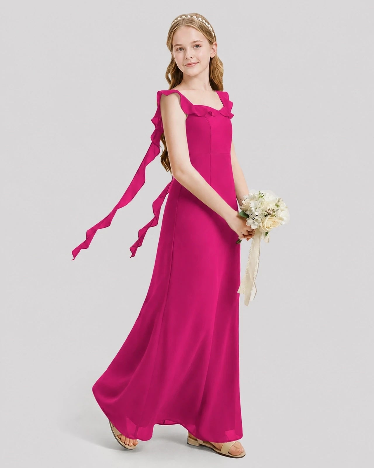 Dideyttawl Ruffle Shoulder Chiffon Junior Bridesmaid Dress