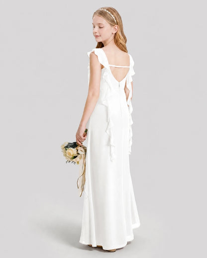Dideyttawl Ruffle Shoulder Chiffon Junior Bridesmaid Dress