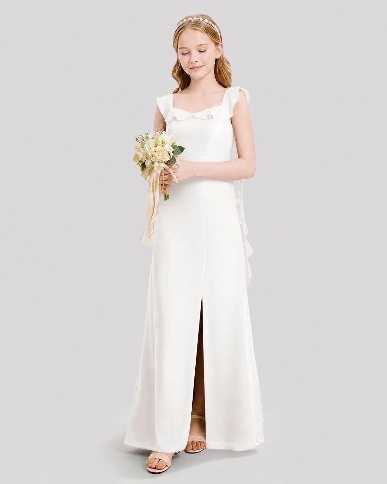 Dideyttawl Ruffle Shoulder Chiffon Junior Bridesmaid Dress