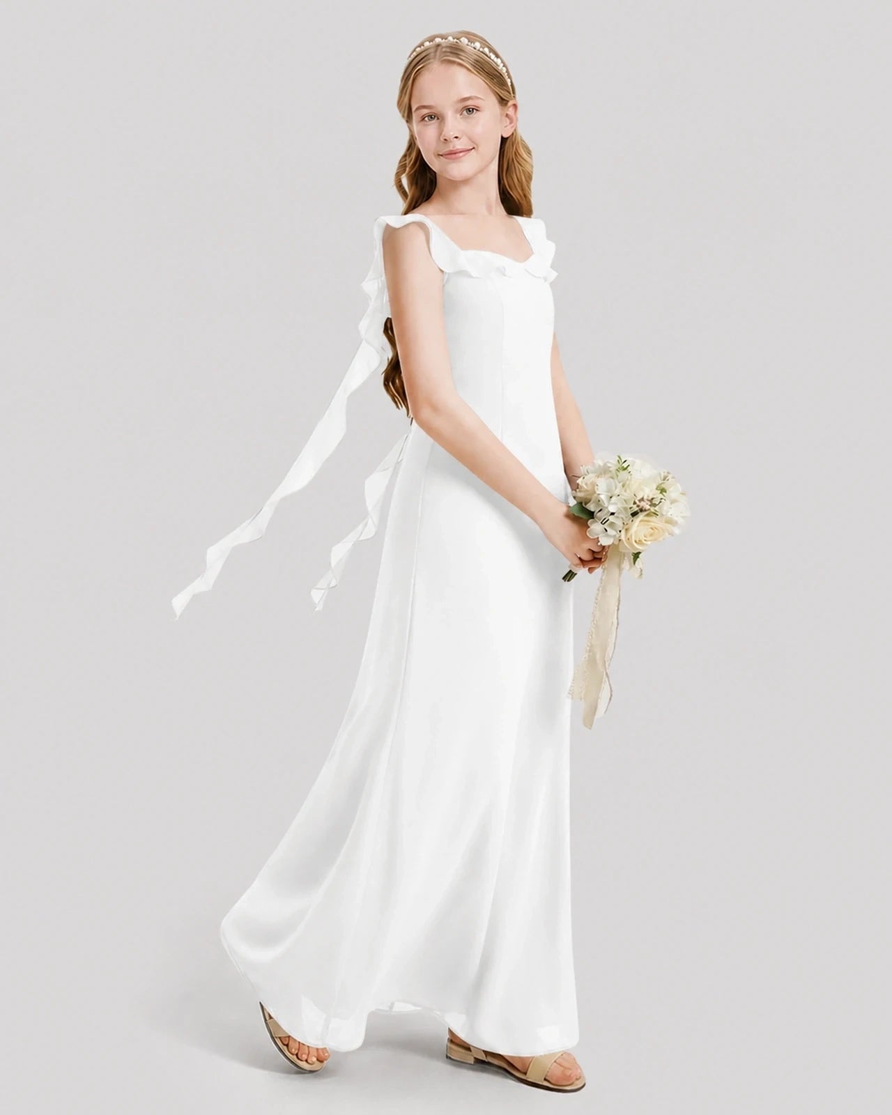 Dideyttawl Ruffle Shoulder Chiffon Junior Bridesmaid Dress