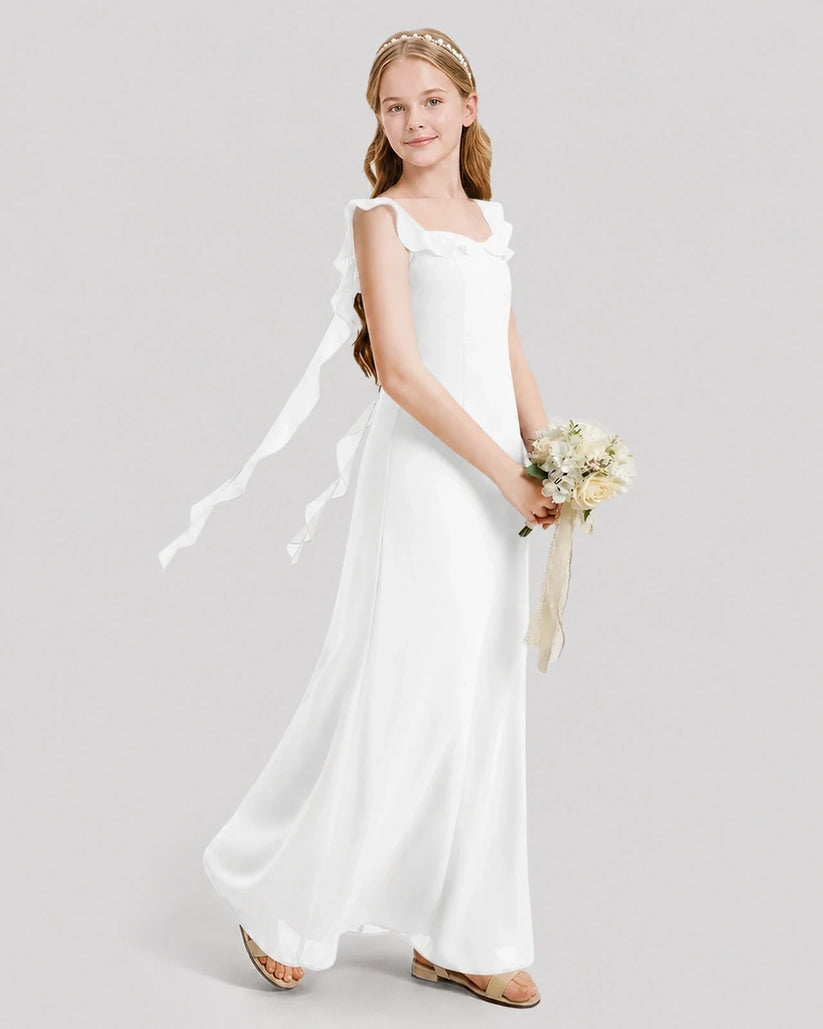 Ivory Chiffon Ruffled Strap Junior Bridesmaid Dresses Side View