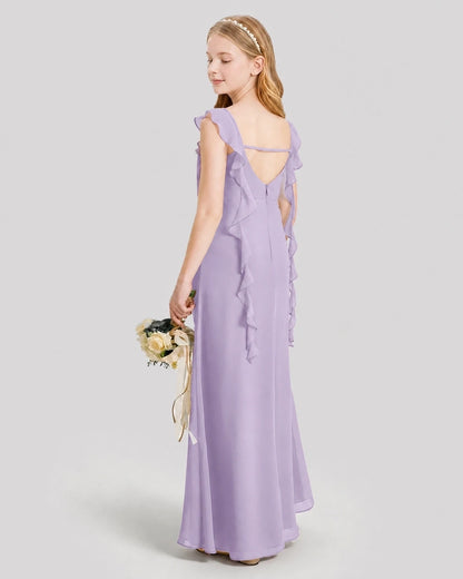 Dideyttawl Ruffle Shoulder Chiffon Junior Bridesmaid Dress