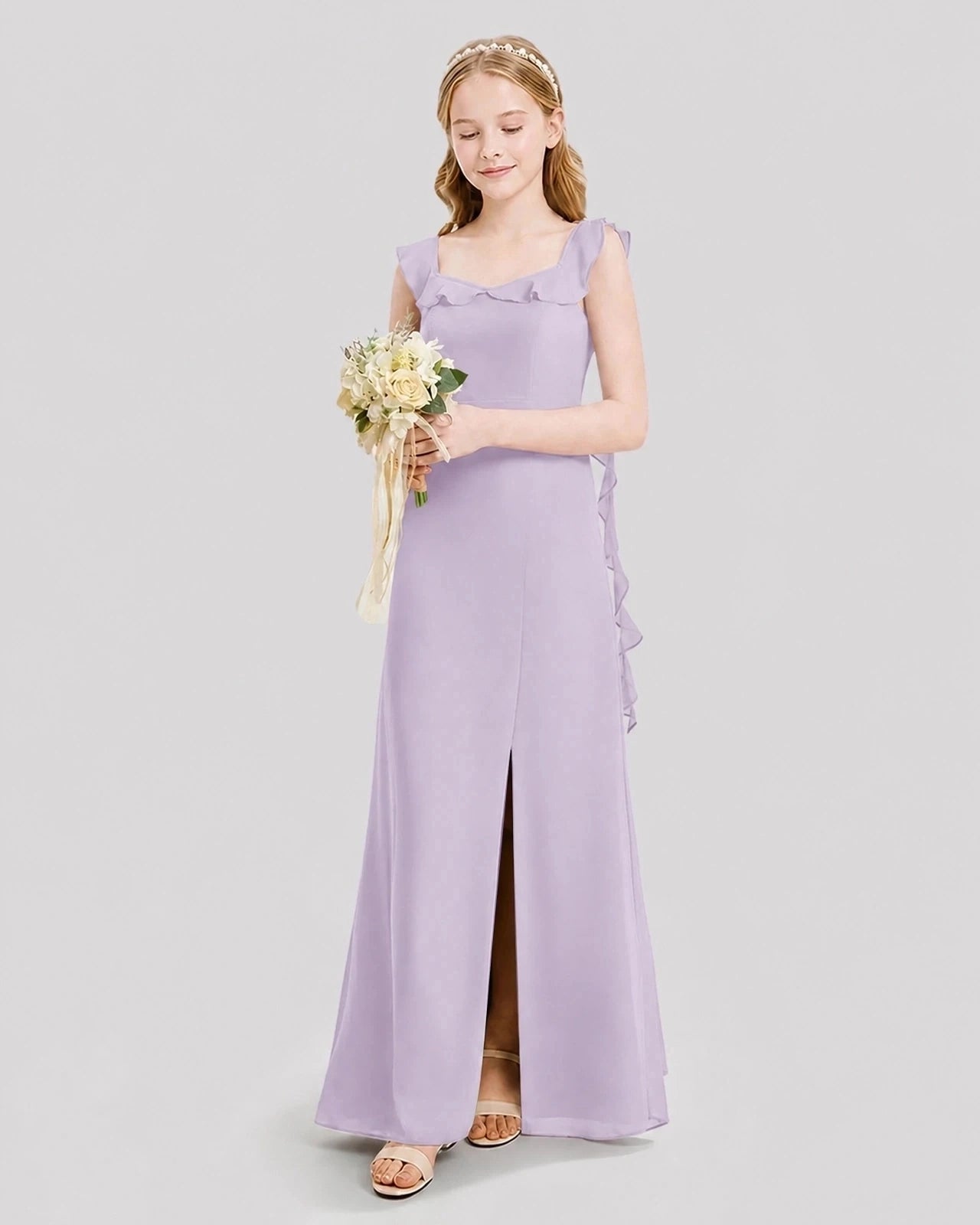 Dideyttawl Ruffle Shoulder Chiffon Junior Bridesmaid Dress