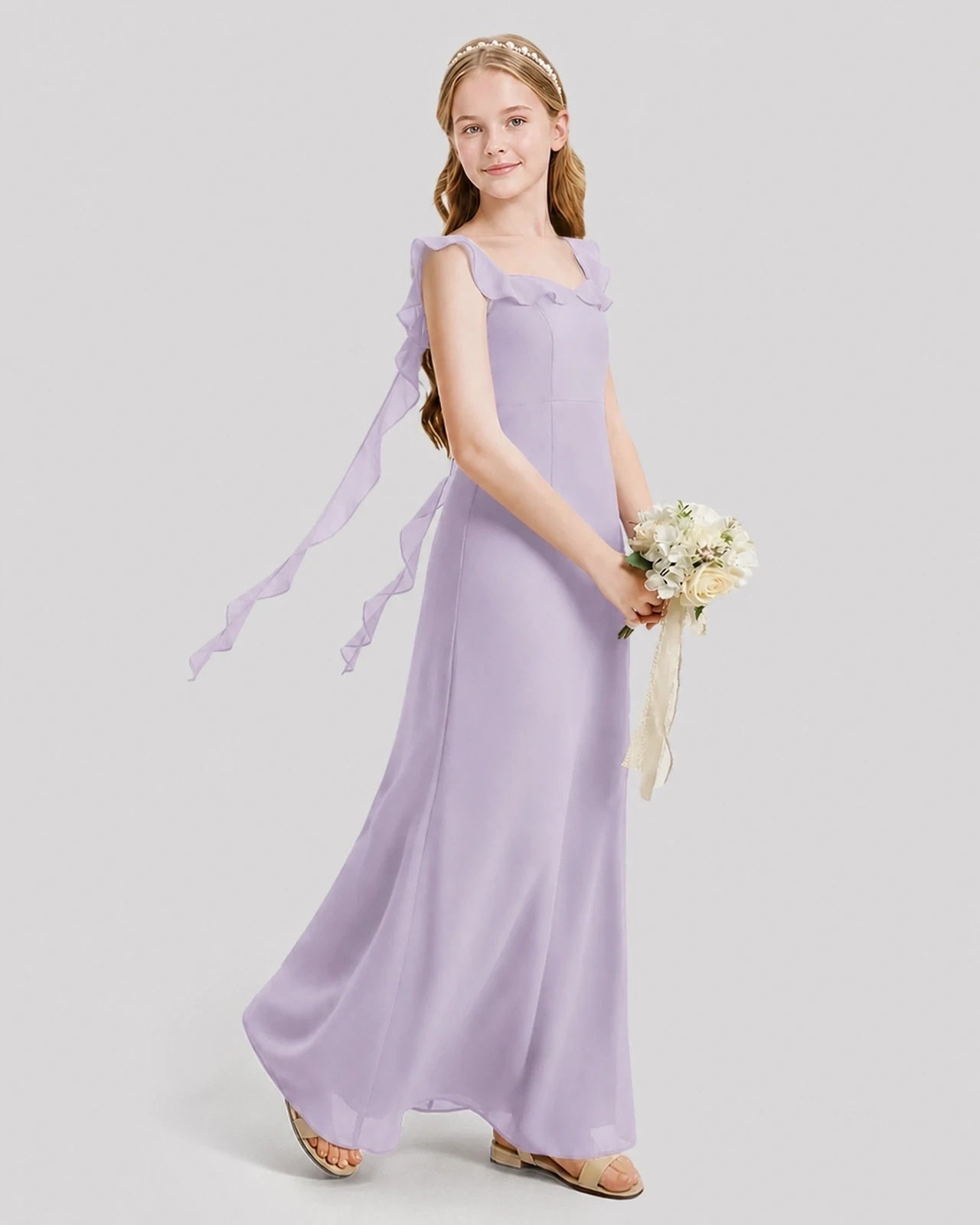 Dideyttawl Ruffle Shoulder Chiffon Junior Bridesmaid Dress