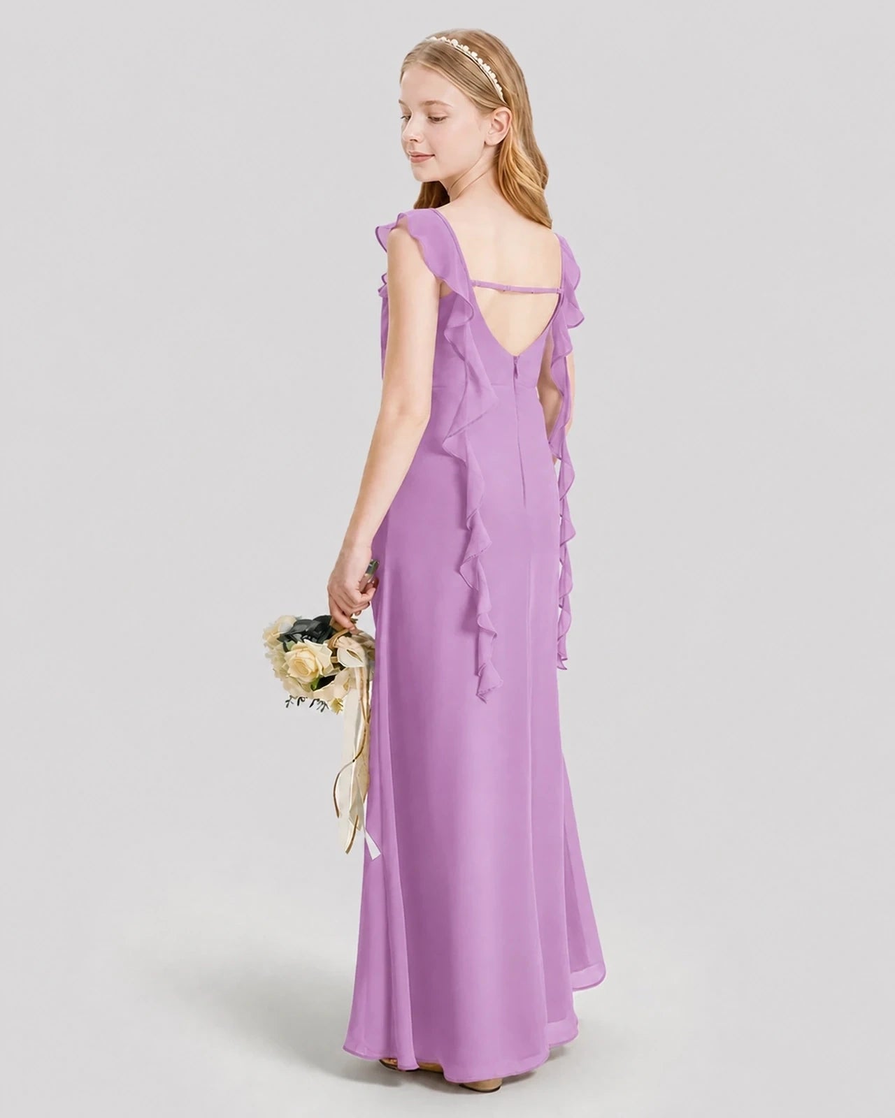 Dideyttawl Ruffle Shoulder Chiffon Junior Bridesmaid Dress