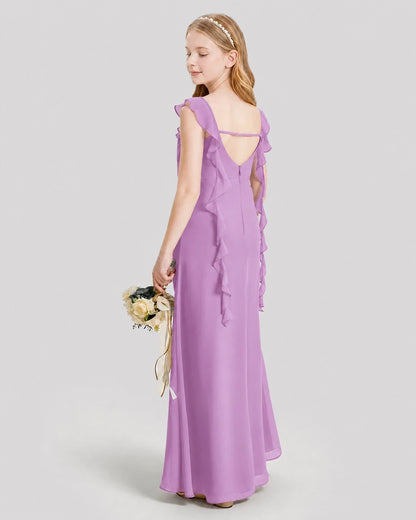 Dideyttawl Ruffle Shoulder Chiffon Junior Bridesmaid Dress