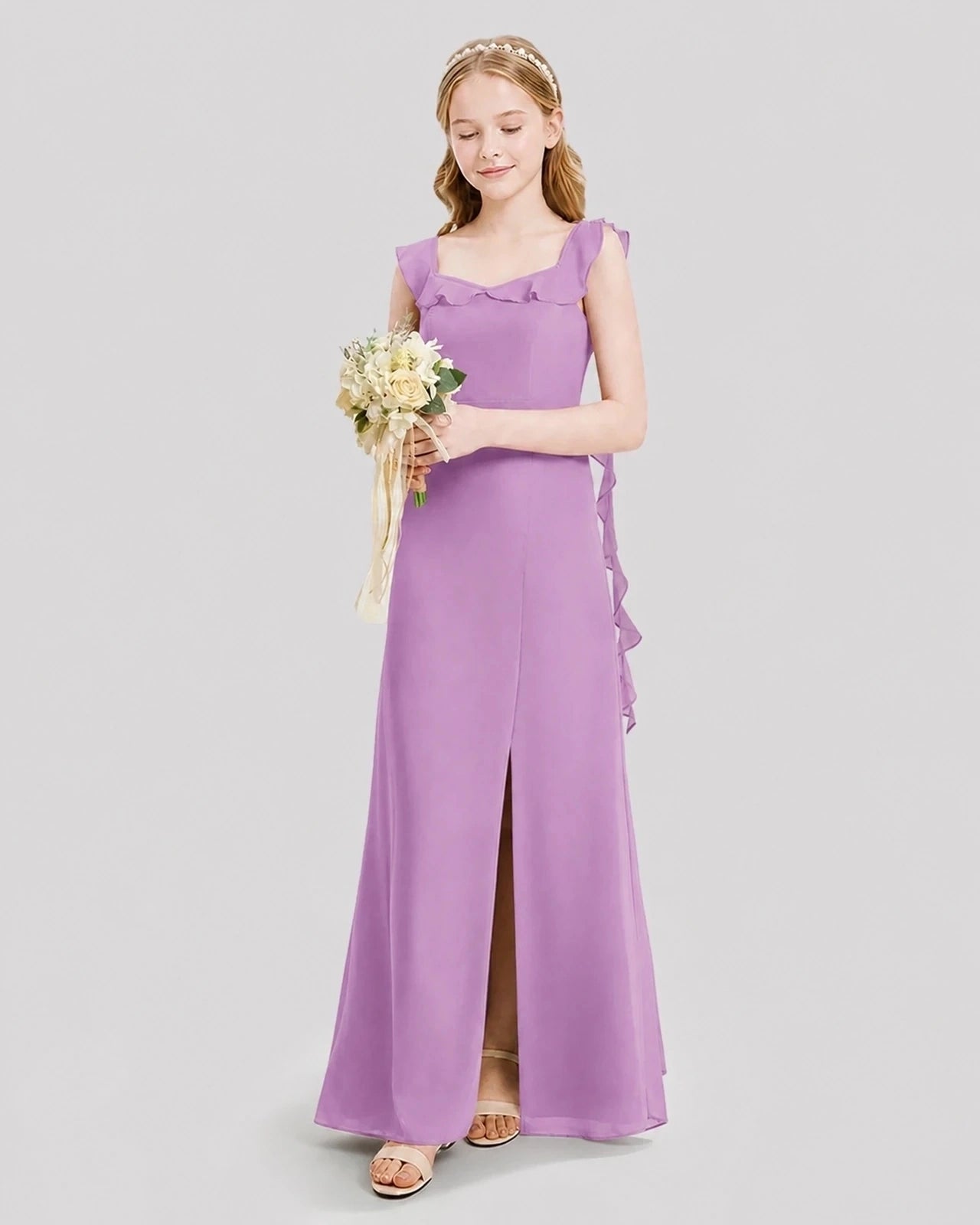 Dideyttawl Ruffle Shoulder Chiffon Junior Bridesmaid Dress