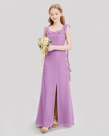 Dideyttawl Ruffle Shoulder Chiffon Junior Bridesmaid Dress