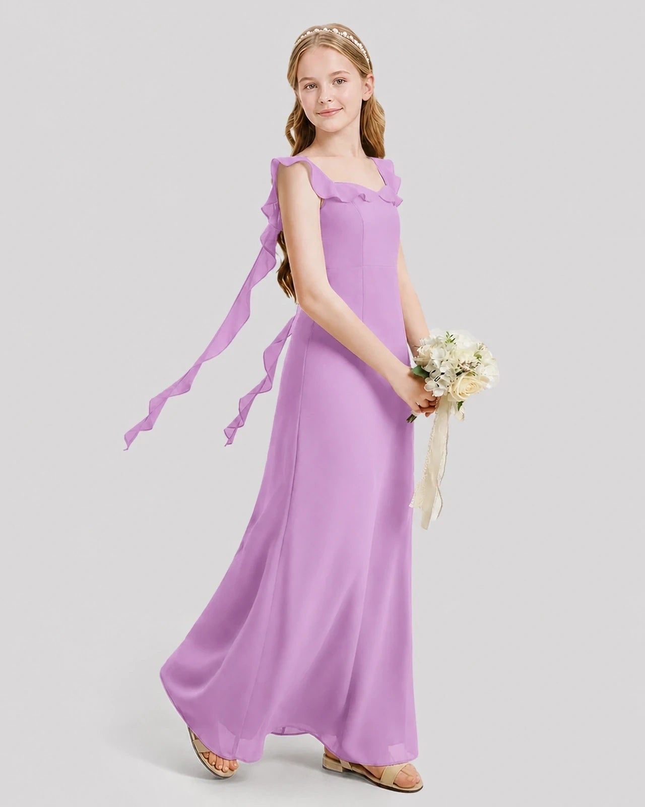Dideyttawl Ruffle Shoulder Chiffon Junior Bridesmaid Dress