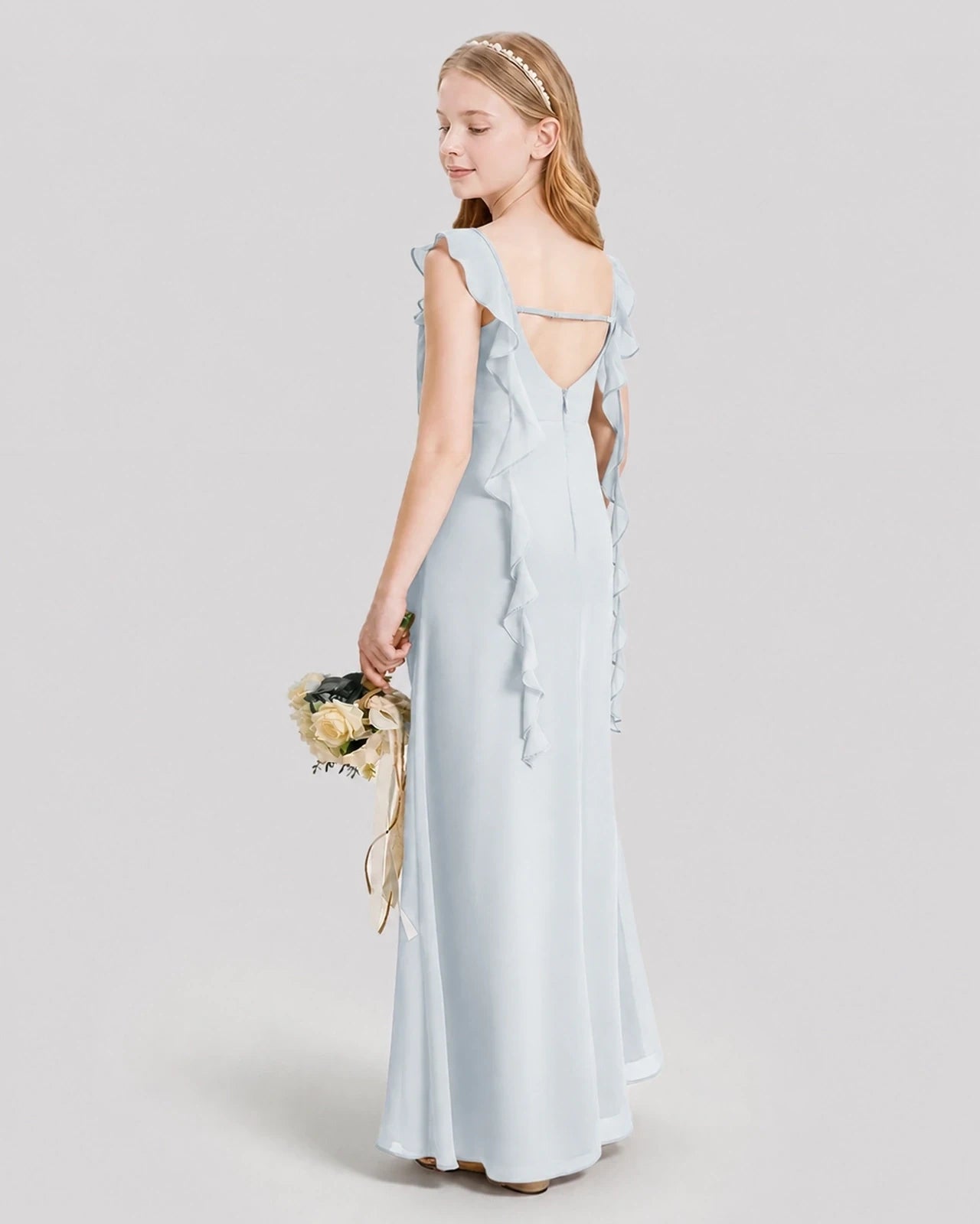 Dideyttawl Ruffle Shoulder Chiffon Junior Bridesmaid Dress