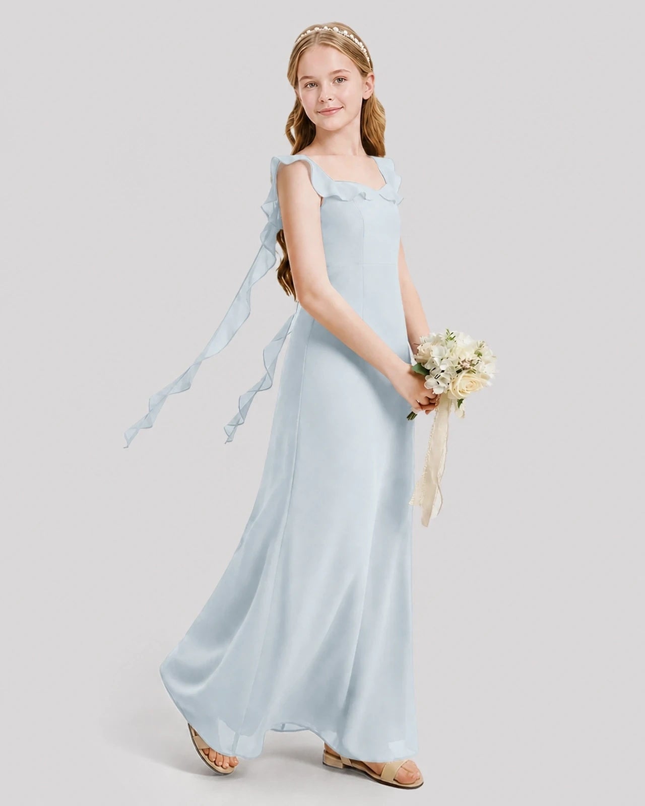 Dideyttawl Ruffle Shoulder Chiffon Junior Bridesmaid Dress