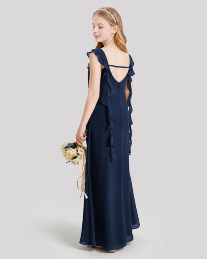 Dideyttawl Ruffle Shoulder Chiffon Junior Bridesmaid Dress
