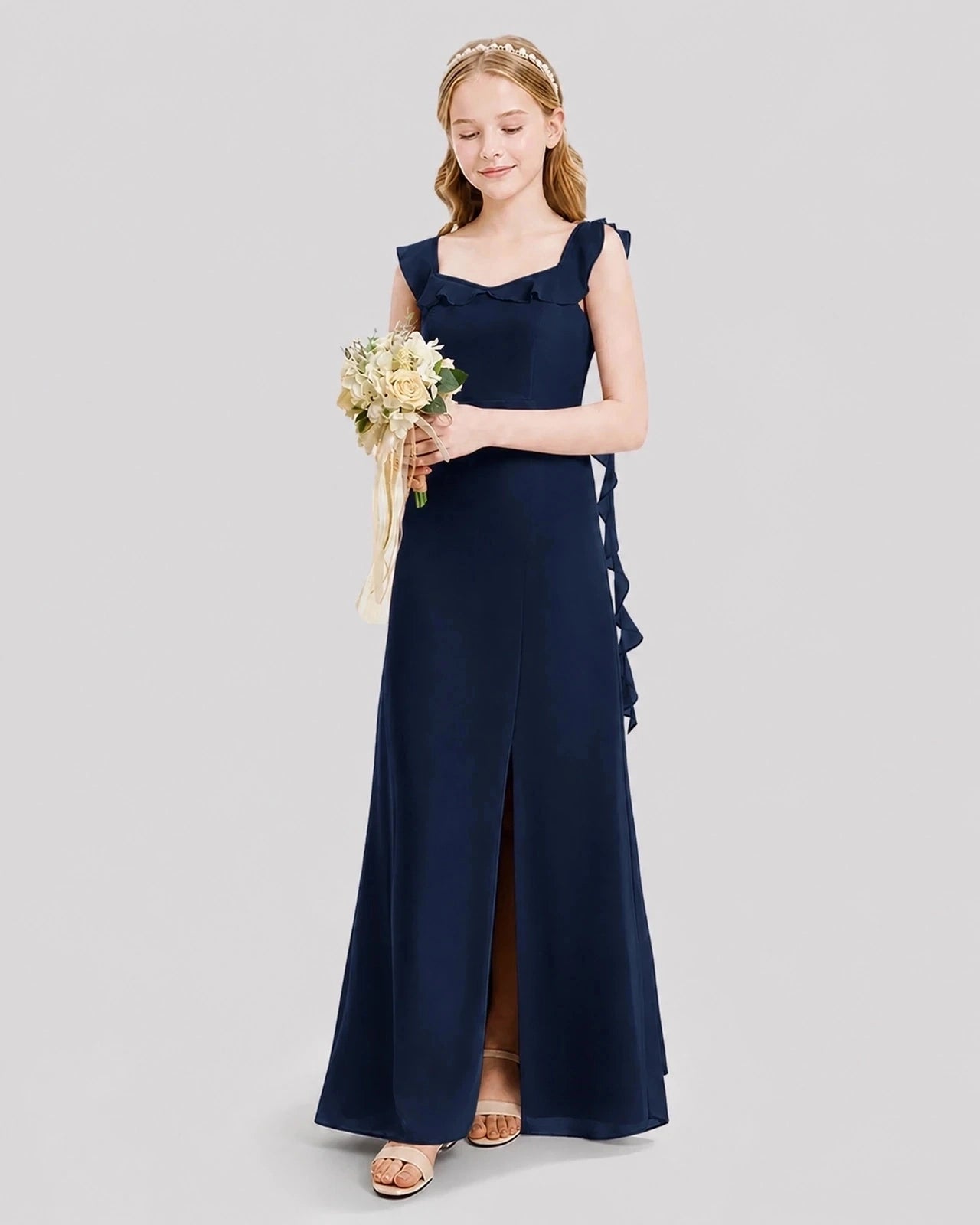 Dideyttawl Ruffle Shoulder Chiffon Junior Bridesmaid Dress
