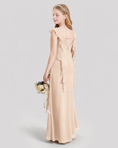 Dideyttawl Ruffle Shoulder Chiffon Junior Bridesmaid Dress