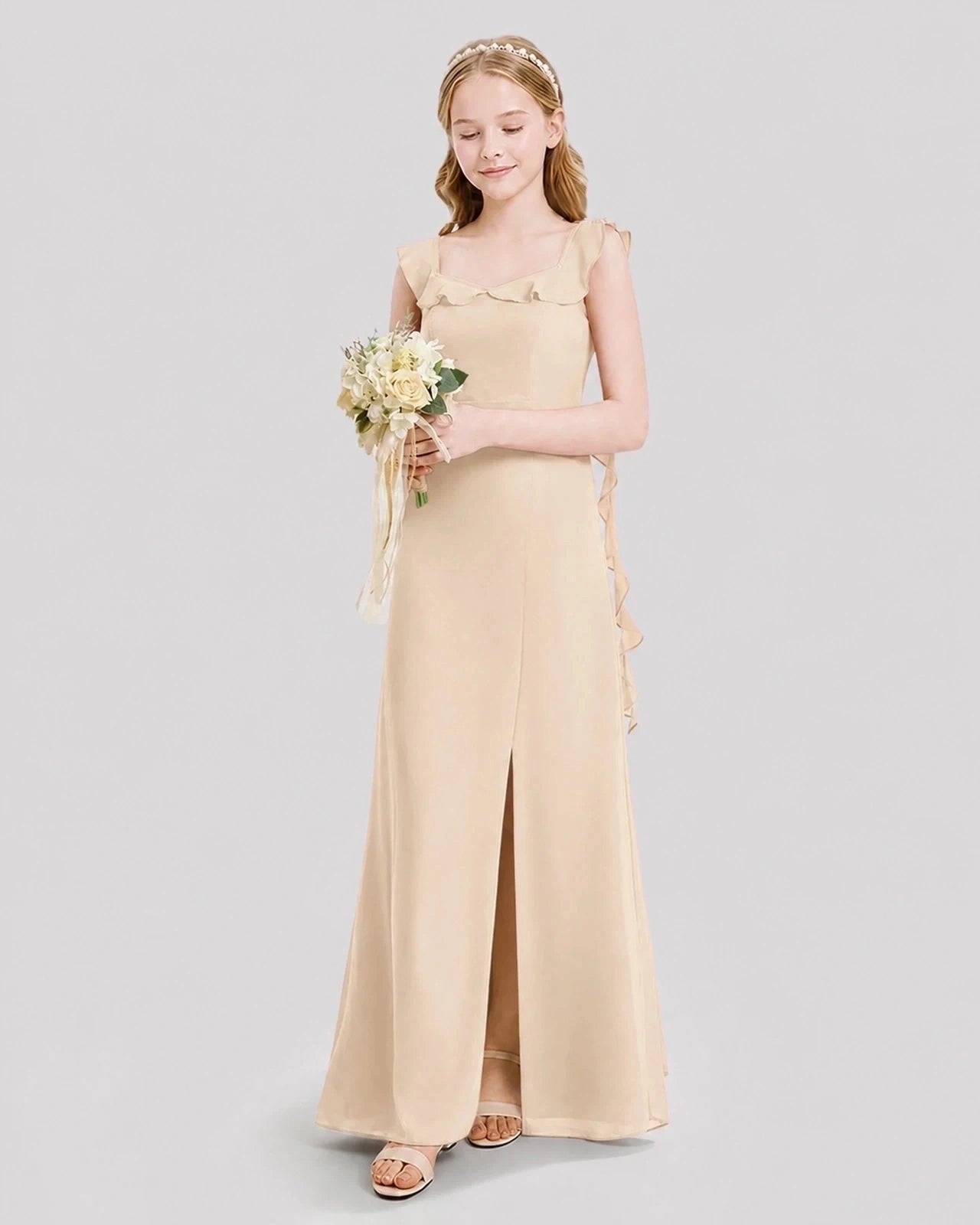 Dideyttawl Ruffle Shoulder Chiffon Junior Bridesmaid Dress