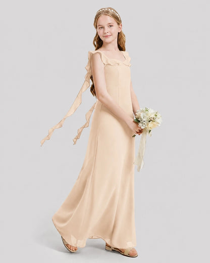 Dideyttawl Ruffle Shoulder Chiffon Junior Bridesmaid Dress