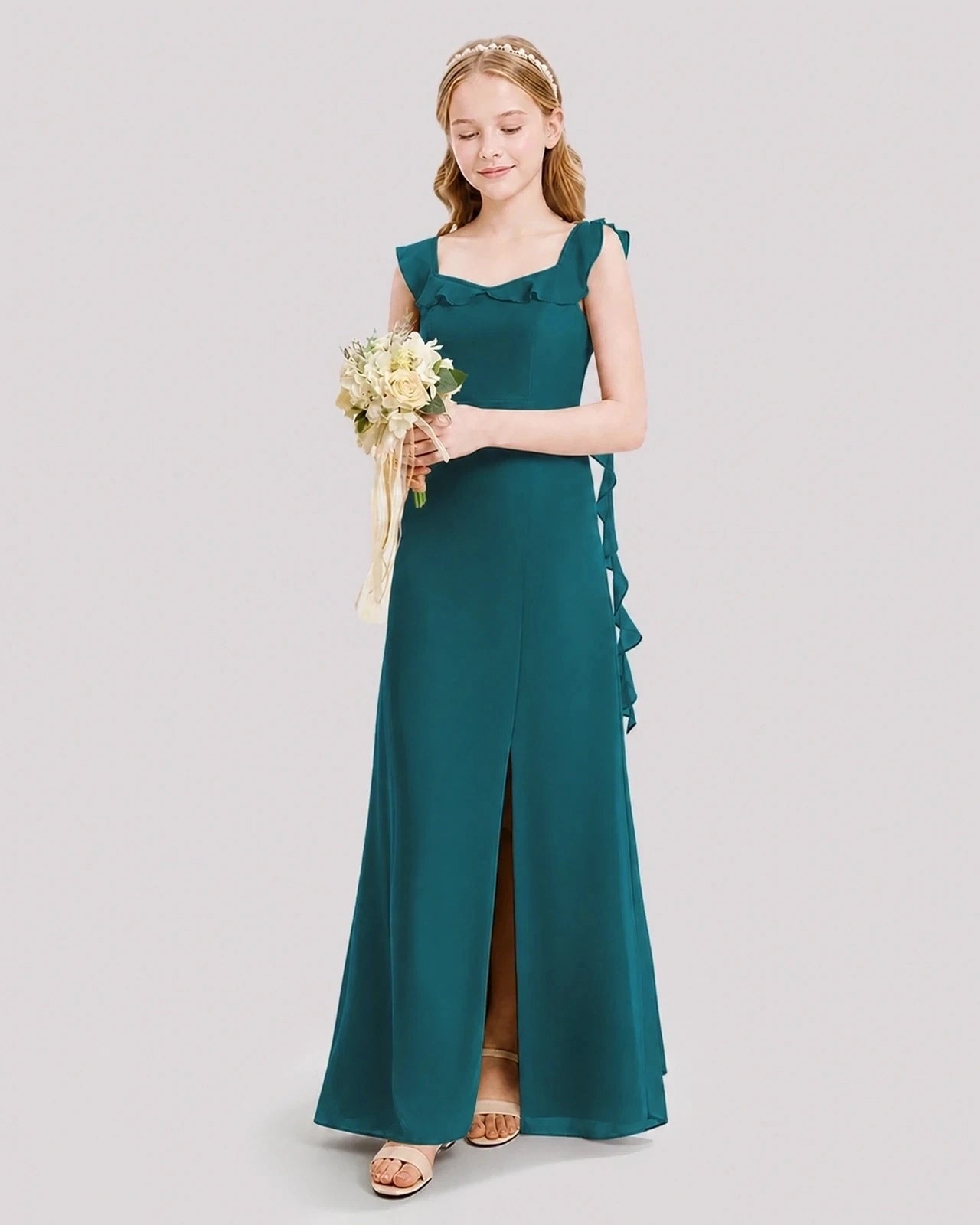 Dideyttawl Ruffle Shoulder Chiffon Junior Bridesmaid Dress