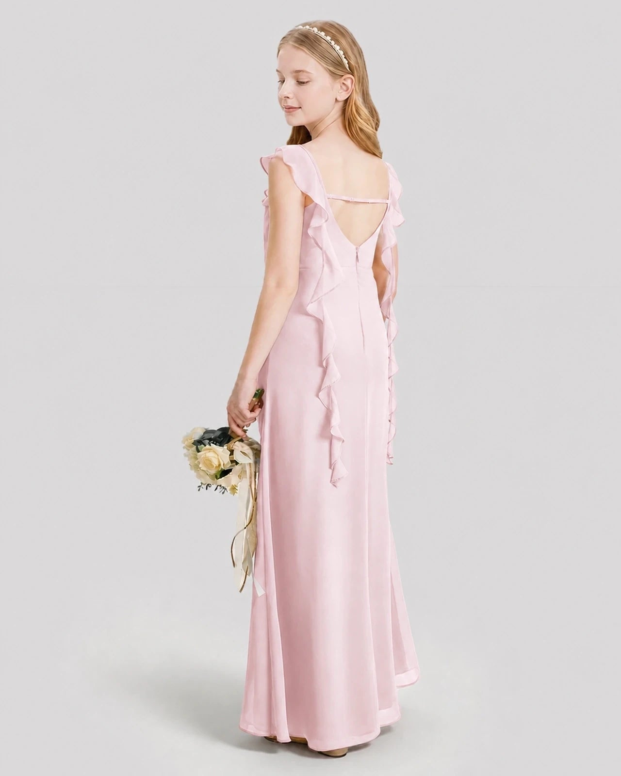 Dideyttawl Ruffle Shoulder Chiffon Junior Bridesmaid Dress