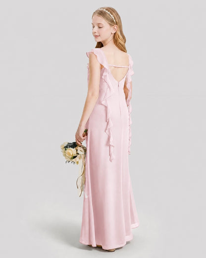 Dideyttawl Ruffle Shoulder Chiffon Junior Bridesmaid Dress