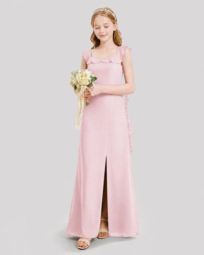 Dideyttawl Ruffle Shoulder Chiffon Junior Bridesmaid Dress