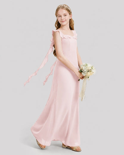 Dideyttawl Ruffle Shoulder Chiffon Junior Bridesmaid Dress
