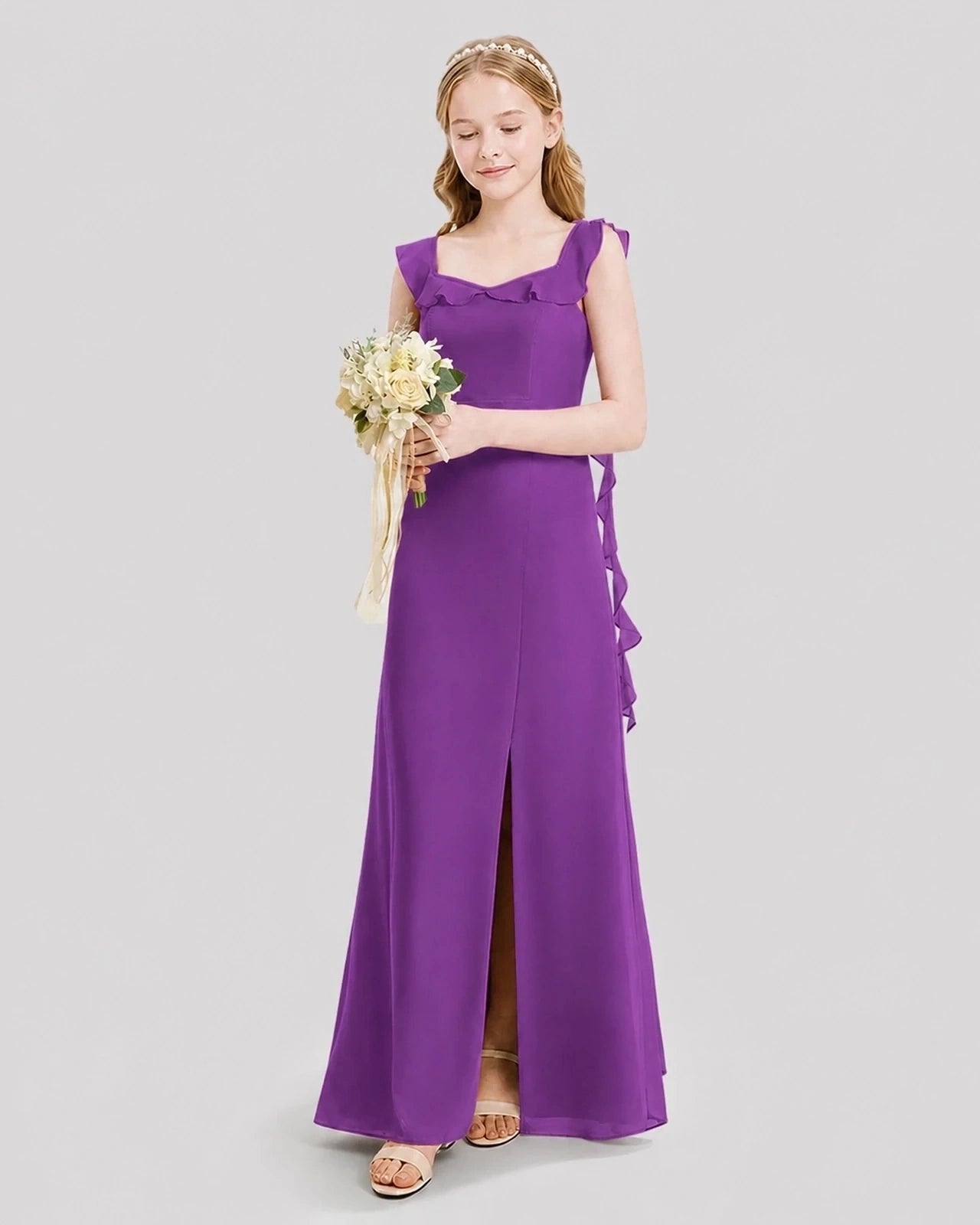 Dideyttawl Ruffle Shoulder Chiffon Junior Bridesmaid Dress