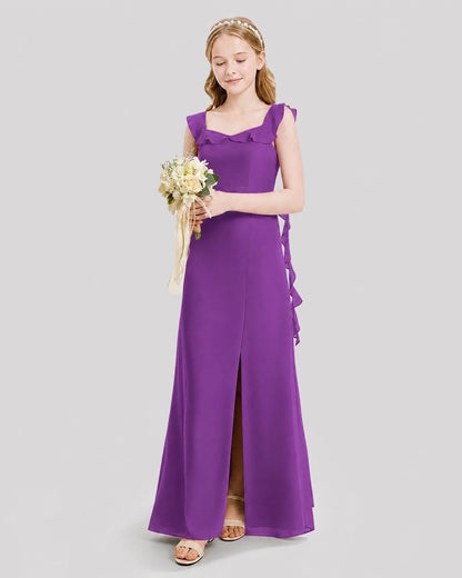 Dideyttawl Ruffle Shoulder Chiffon Junior Bridesmaid Dress