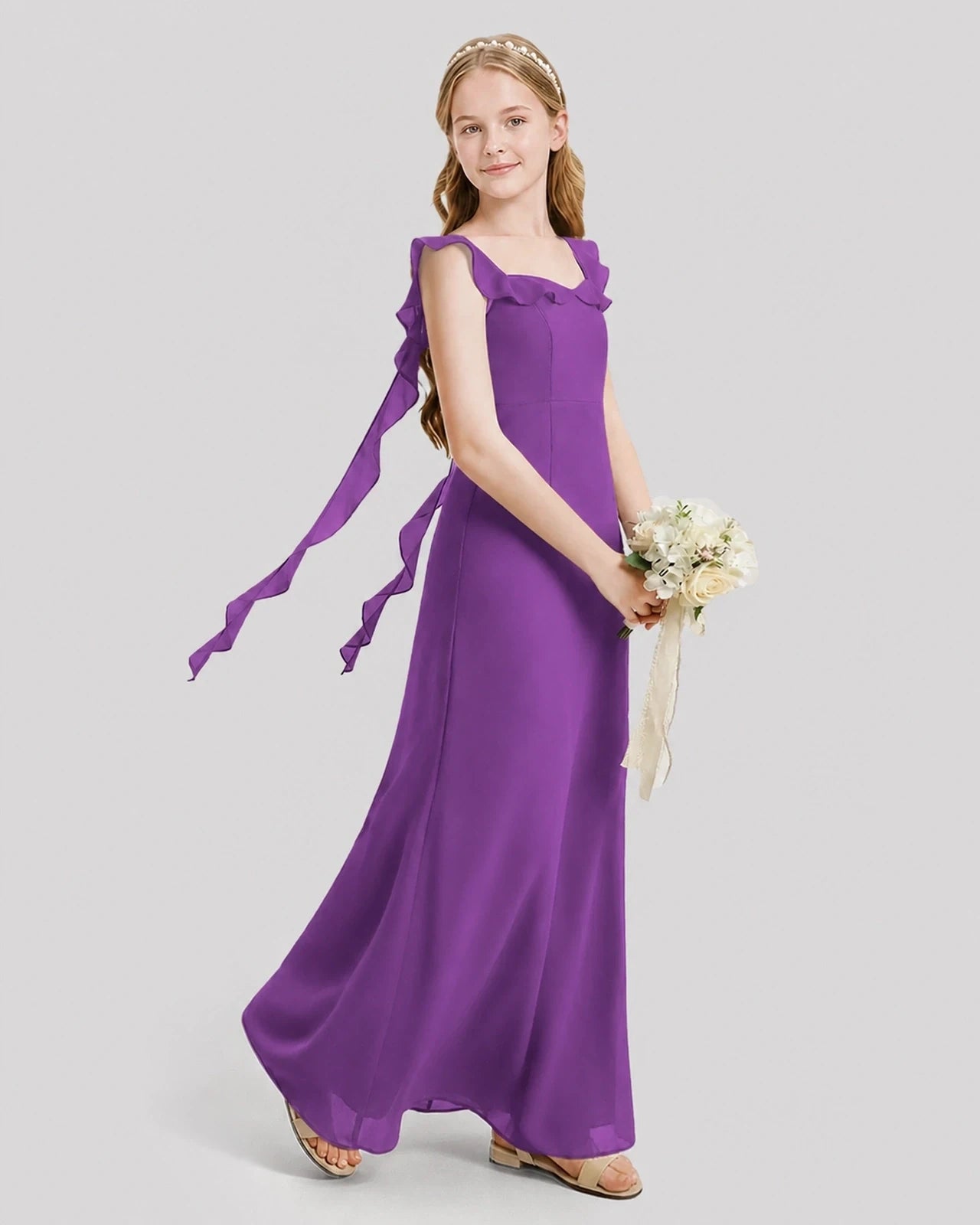 Dideyttawl Ruffle Shoulder Chiffon Junior Bridesmaid Dress