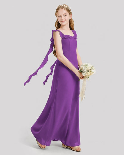 Dideyttawl Ruffle Shoulder Chiffon Junior Bridesmaid Dress