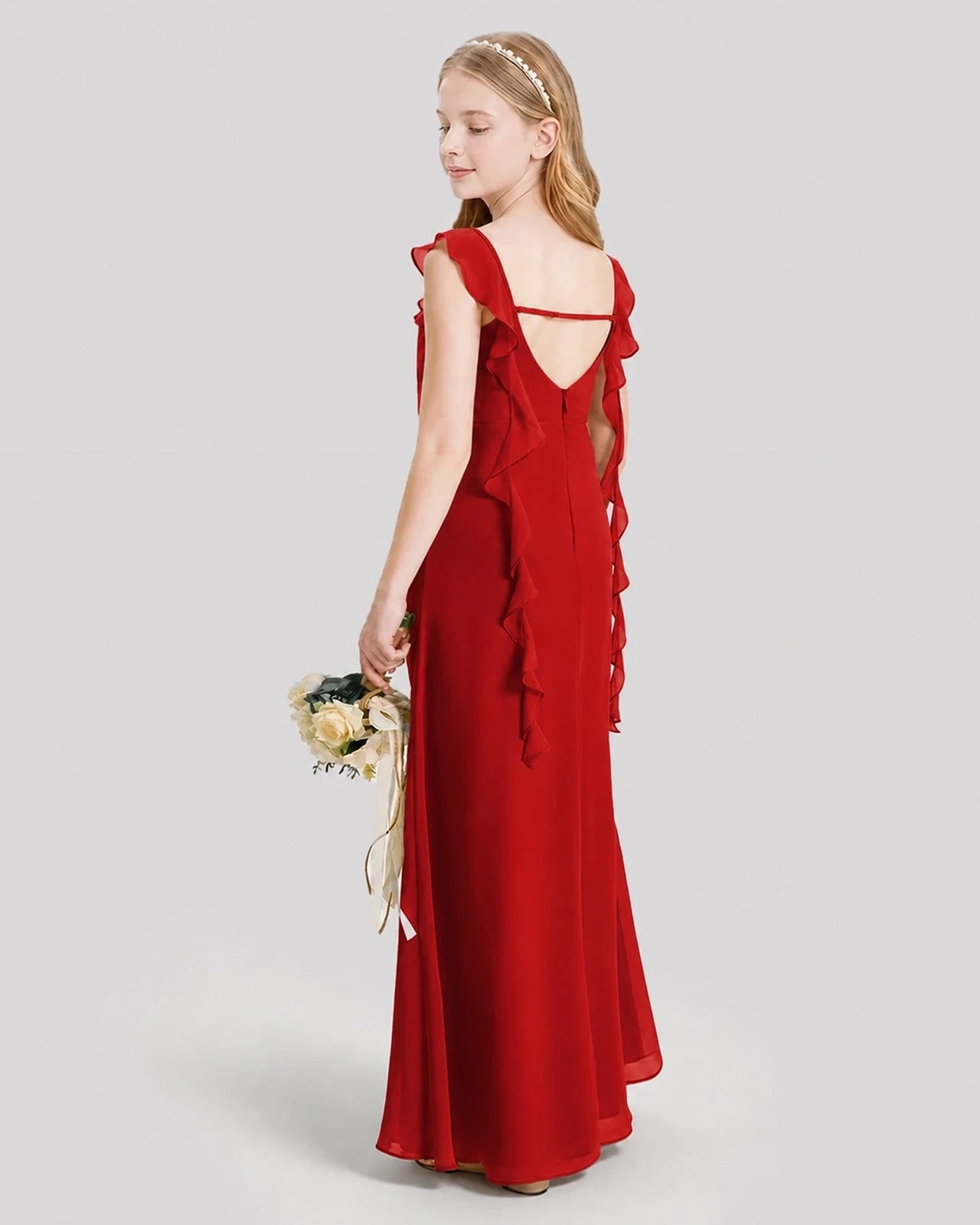 Dideyttawl Ruffle Shoulder Chiffon Junior Bridesmaid Dress
